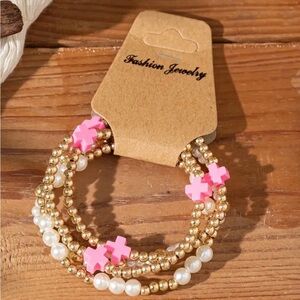 Set of 4 Gold and Pink Beaded Bracelet Set w/ cross (compare to e newton)